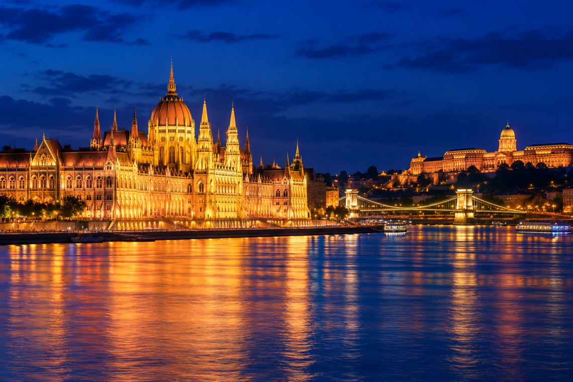 Illuminated historic building along the Danube in Budapest at night, with golden lights reflecting on the river.