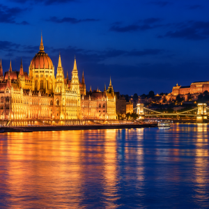 Illuminated historic building along the Danube in Budapest at night, with golden lights reflecting on the river.