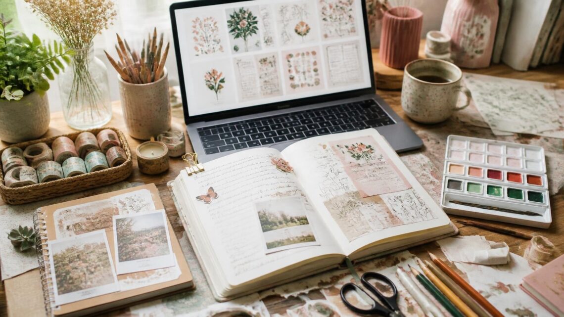 Kreativ arbeidsplass med maling, bullet journal, scrapbooking, tegnesaker og digitale hobbyressurser Creative workspace with watercolour paints, brushes, a bullet journal, scrapbook supplies, colourful stickers, drawing tools and digital craft resources.