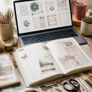Kreativ arbeidsplass med maling, bullet journal, scrapbooking, tegnesaker og digitale hobbyressurser Creative workspace with watercolour paints, brushes, a bullet journal, scrapbook supplies, colourful stickers, drawing tools and digital craft resources.