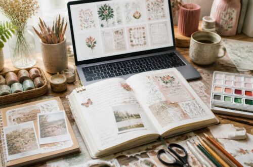 Kreativ arbeidsplass med maling, bullet journal, scrapbooking, tegnesaker og digitale hobbyressurser Creative workspace with watercolour paints, brushes, a bullet journal, scrapbook supplies, colourful stickers, drawing tools and digital craft resources.